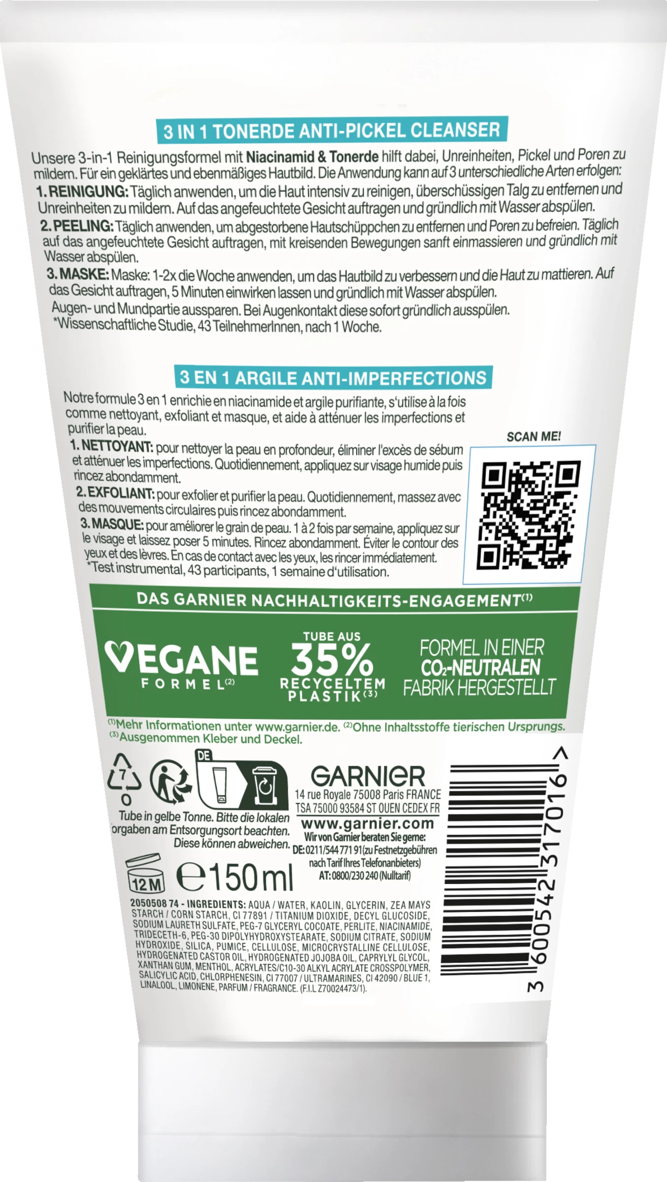 Garnier SkinActive Hautklar 3in1 Tonerde Reinigung + Peeling + Maske 2 Garnier SkinActive Hautklar 3in1 Tonerde Reinigung + Peeling + Maske – Bild 2